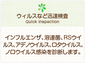 ［ウィルスなど迅速検査］インフルエンザ、溶連菌、RSウイルス、アデノウイルス、ロタウイルス、ノロウイルス感染を診断します。